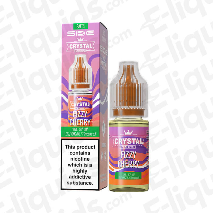 Fizzy Cherry Nic Salt E-liquid by SKE Crystal in a packaging showcasing vibrant colors and fruity flavors.