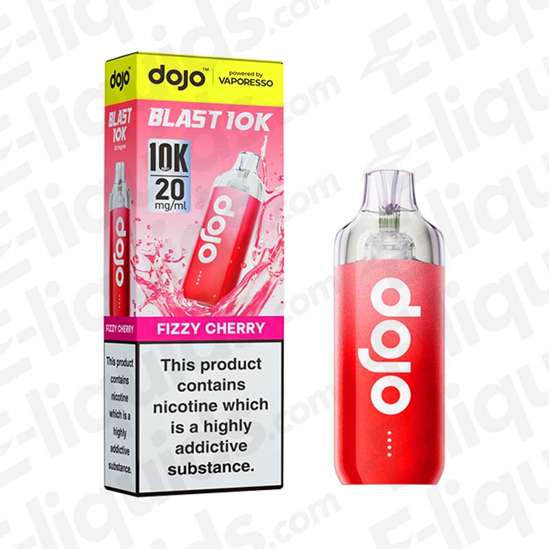 Vaporesso Dojo Blast 10K Vape Pod Kit in Fizzy Cherry flavor, offering up to 10,000 puffs, USB-C charging, and smooth MTL vaping.