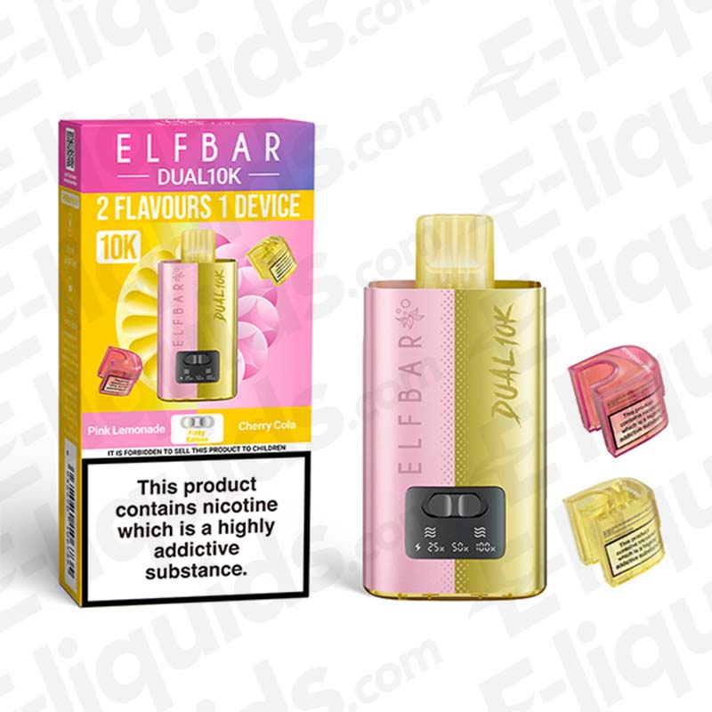 Elf Bar Dual 10K Disposable Vape Kit with Pink Lemonade and Cherry Cola flavors, featuring a dual-tank and compact design.