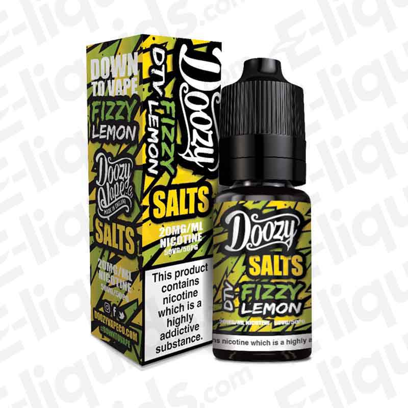 Doozy Vape Co Fizzy Lemon Nic Salt E-liquid 10ml bottle and box, lemon candy flavor, 20mg nicotine strength, black cap