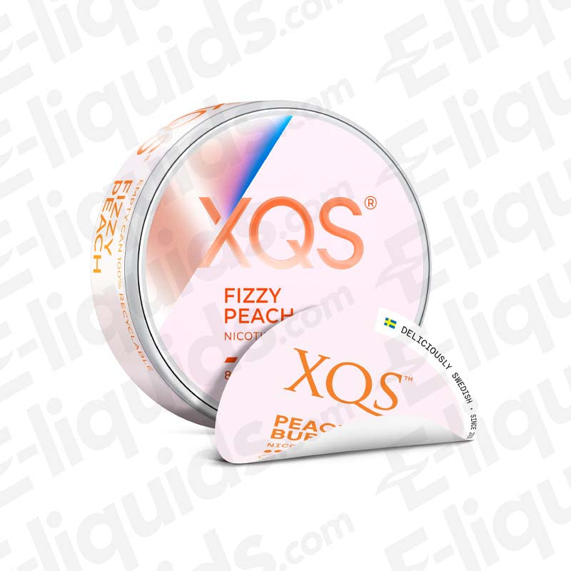 XQS Fizzy Peach Nicotine Pouches with a sweet, bubbly Peach soda flavour in white packaging.