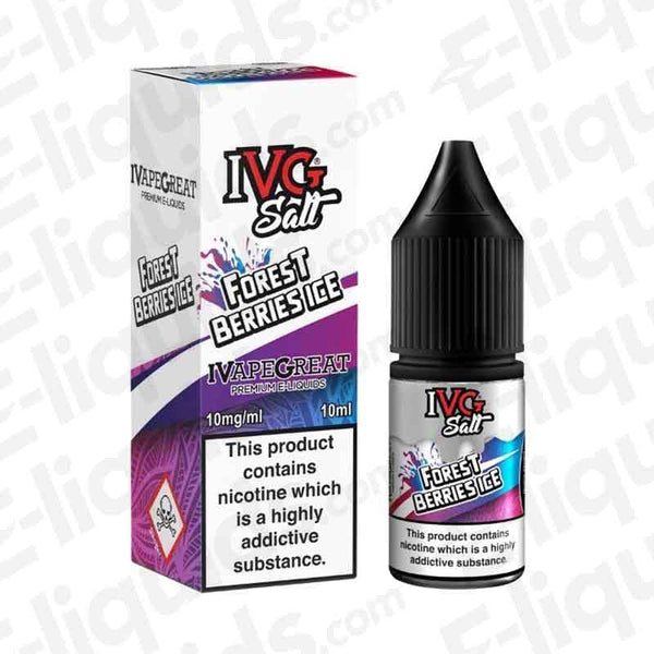 IVG Forest Berries Ice Nic Salt E-liquid bottle and box, 10ml, featuring mixed berries and icy menthol flavor for pod kits.
