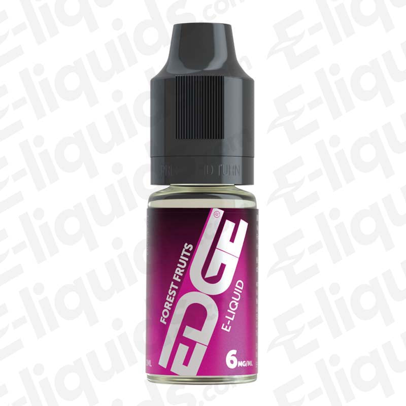Edge Forest Fruits 50/50 E-Liquid bottle with strawberry and blueberry flavor, 10ml, 6mg nicotine, for pod and starter kits.