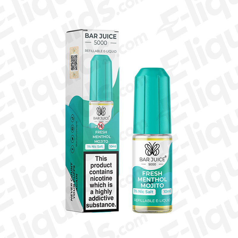 Fresh Menthol Mojito Nic Salt E-liquid by Bar Juice 5000 in 10ml bottle with teal cap and packaging.
