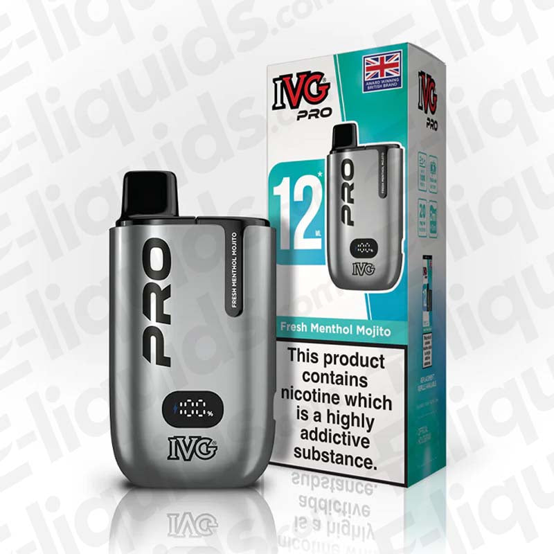 IVG Pro 6000 disposable vape in fresh menthol mojito flavor with packaging, showing nicotine warning and LED display.