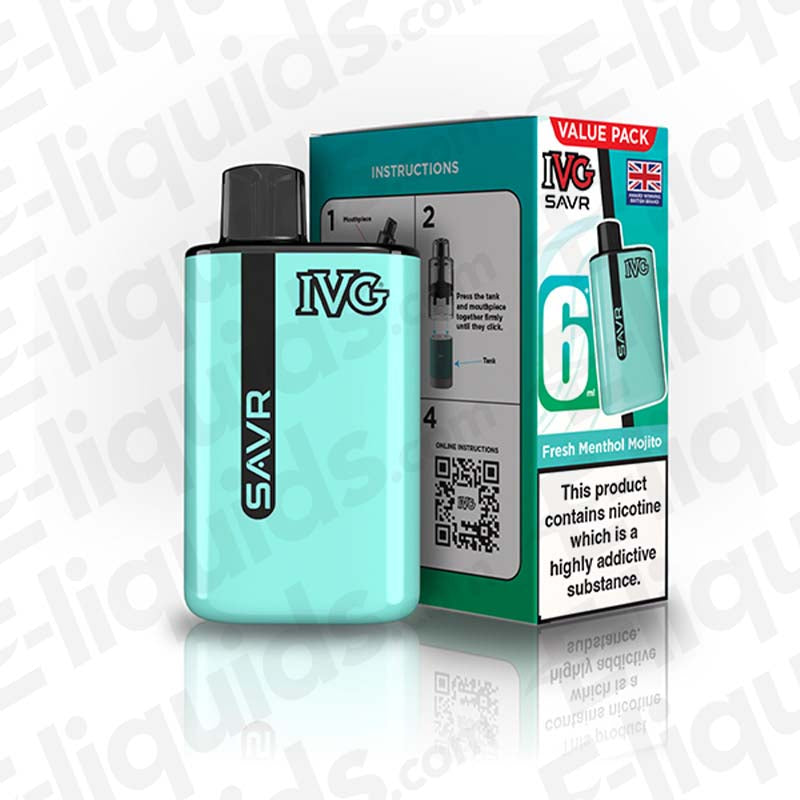 IVG SAVR Prefilled Pod Kit with packaging, featuring Fresh Menthol Mojito flavor and instructions.