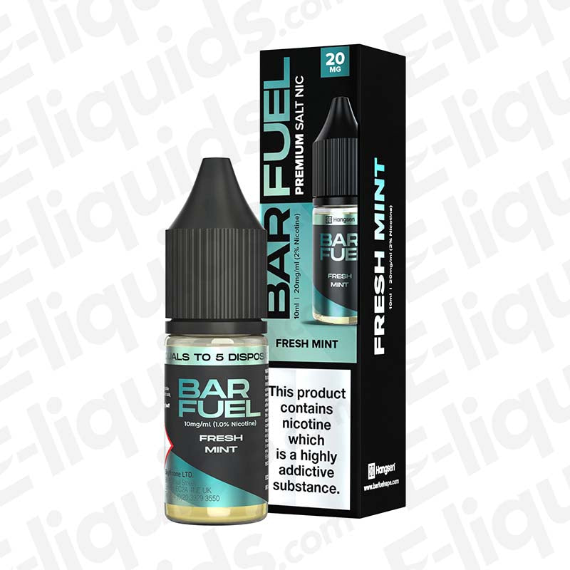 Fresh Mint Nic Salt E-liquid by Bar Fuel, 10ml bottle with minty flavor and nicotine, ideal for vapers.