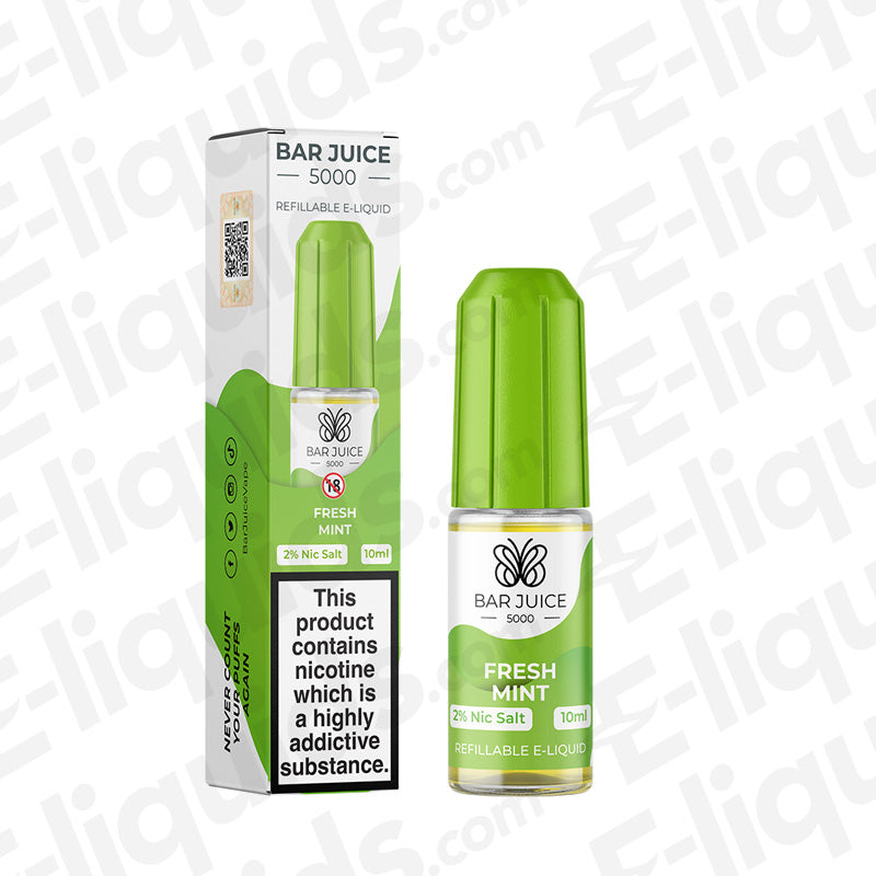 Fresh Mint Nic Salt E-liquid by Bar Juice 5000 in a 10ml bottle with a green cap, showcasing mint flavor and nicotine info.