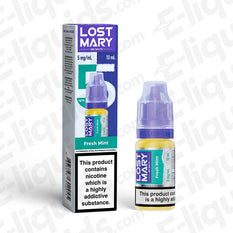 Lost Mary Nic Salt Vape Juice Fresh Mint 5mg 10ml bottle and packaging, compatible with pod and starter kits, 21 flavors available.