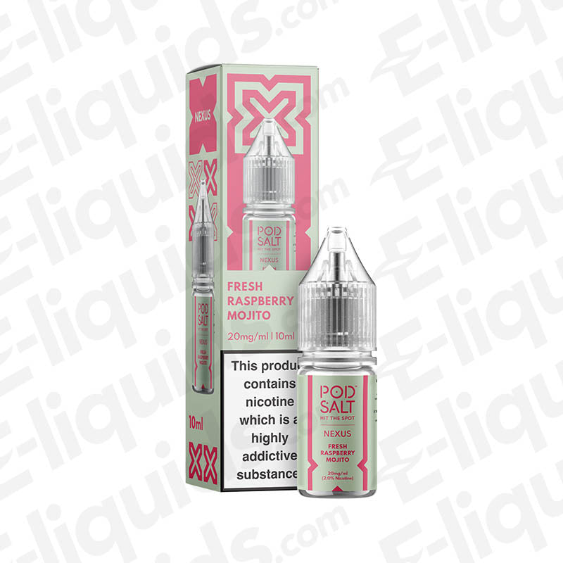Fresh Raspberry Mojito Nic Salt E-liquid by Pod Salt, 10ml bottle with packaging showcasing watermelon and mint blend.