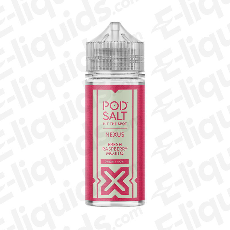 Pod Salt Nexus Fresh Raspberry Mojito Shortfill E-liquid 100ml bottle, offering summer's ripe raspberry and Mojito flavor.