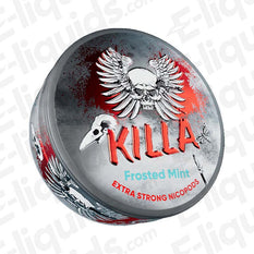 Killa Frosted Mint Extra Strong Nicotine Snus Pouches can, featuring a bold design with wings and a skull.