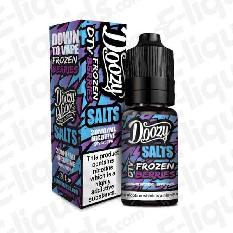 Frozen Berries Nic Salt E-liquid by Doozy Vape Co, 10ml bottle with packaging showing berry and ice flavors, 20mg/ml nicotine.