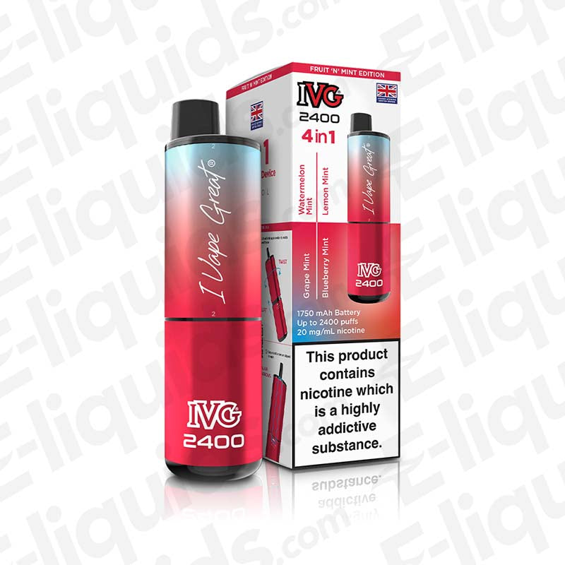 IVG 2400 4-in-1 Rechargeable Pod Kit Fruit 'N' Mint Edition with box displaying features and nicotine warning.