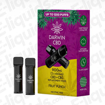 Darwin CBD+CBG 900mg Fruit Punch (2 x 450mg) Prefilled Pod with mixed Summer Fruit flavour in purple and yellow packaging.