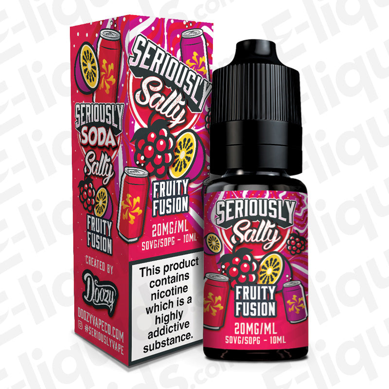 Fruity Fusion Seriously Soda Nic Salt E-liquid by Doozy Vape Co, featuring Mandarin, Passion Fruit, Lychee, and Apple in 10ml bottle.