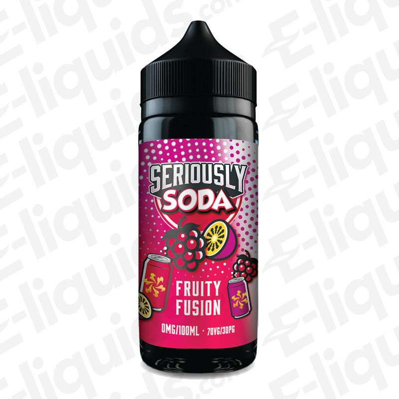 Fruity Fusion Seriously Soda E-liquid by Doozy Vape Co, 100ml, features Mandarin, Passion Fruit, Lychee, and Apple flavors.