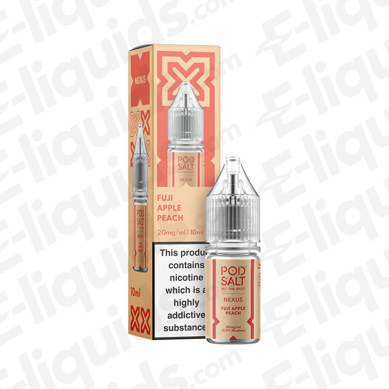 Fuji Apple Peach Nic Salt E-liquid by Pod Salt Nexus in 10ml bottle with packaging, featuring crisp apples and juicy peaches.