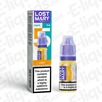 Lost Mary Nic Salt Vape Juice Gami, 5mg strength, 10ml bottle, available in 21 flavors, compatible with pod kits and starter kits.