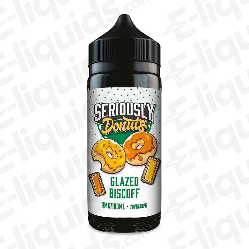 100ml bottle of Glazed Biscuit Seriously Donuts E-liquid by Doozy Vape Co, featuring a donut and biscoff design.