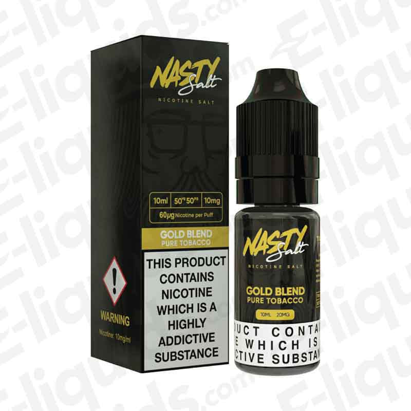 Nasty Juice Gold Blend Tobacco Nic Salt E-liquid 10ml with tobacco and almond flavors in packaging.