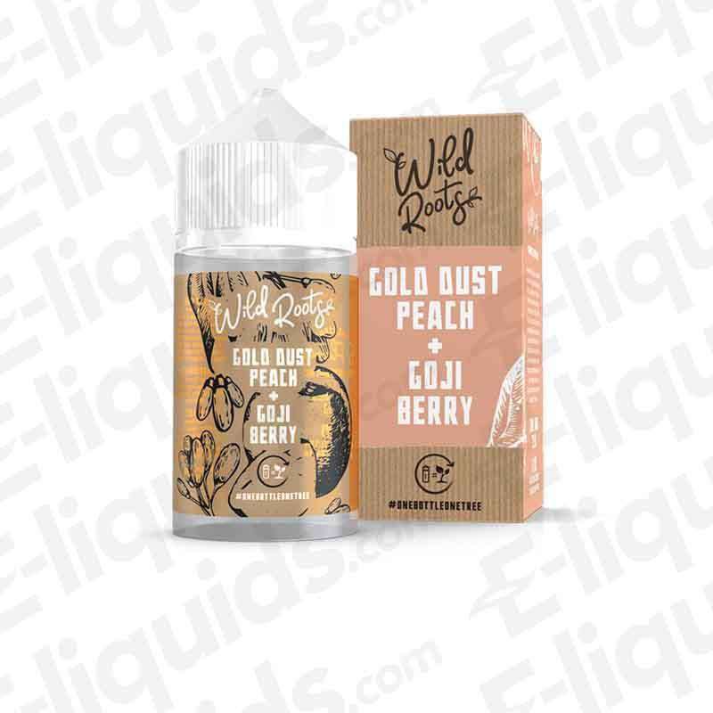 Gold Dust Peach E-liquid by Wild Roots in a 50ml bottle with packaging showcasing peach and goji berry flavors.
