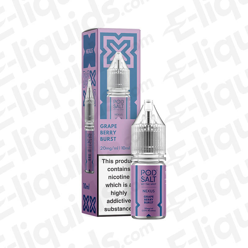 Grape Berry Burst Nic Salt E-liquid by Pod Salt Nexus with box packaging. 10ml bottle, 20mg/ml nicotine.
