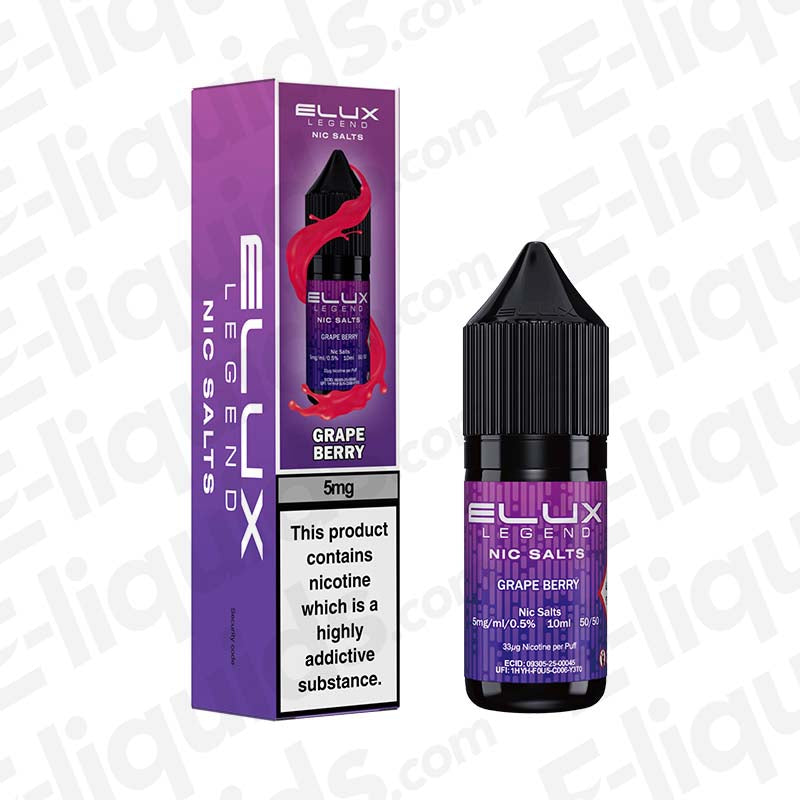 Grape Berry Nic Salt E-liquid by Elux Legend with bold packaging design, available in 10mg and 20mg nicotine strengths for MTL vaping.