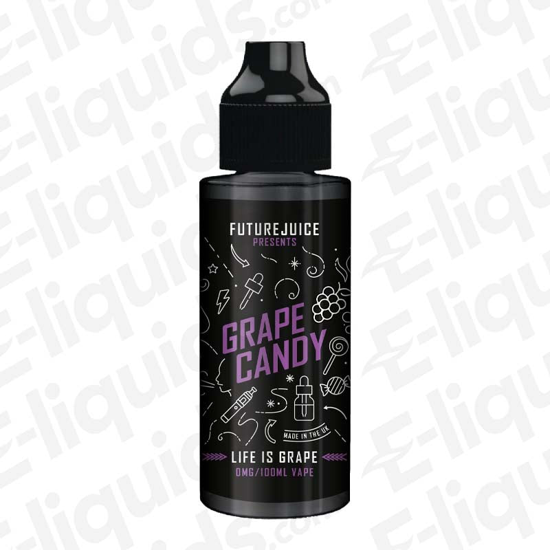 Future Juice Grape Candy Shortfill E-liquid bottle with black grape and candy design, 100ml size for vaping.