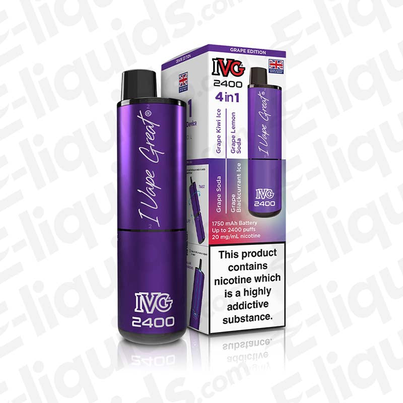 IVG 2400 4-in-1 Grape Edition Rechargeable Pod Kit with packaging, featuring sleek design and nicotine salt information