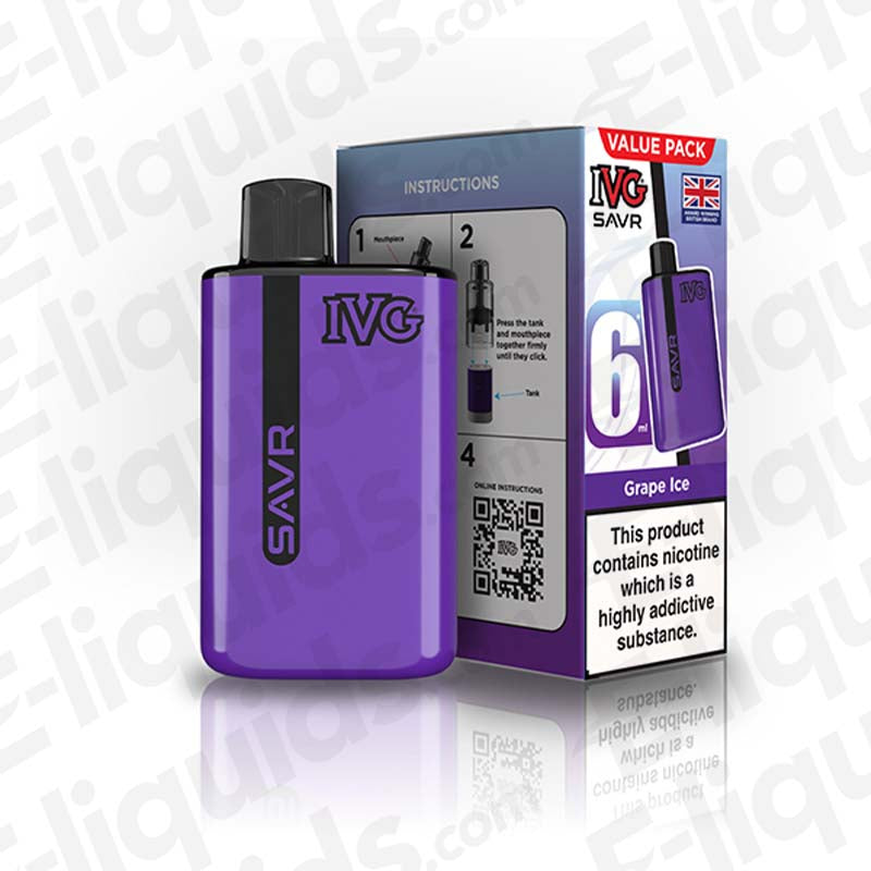 IVG SAVR Prefilled Pod Kit in purple with Grape Ice flavor, featuring USB Type-C charging and user instructions.