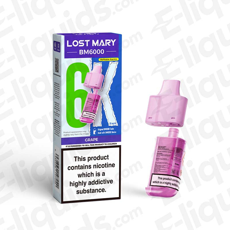 Lost Mary BM6000 vaping pod in grape flavor, offering up to 6000 puffs, shown in packaging, safe and compliant with UK regulations.