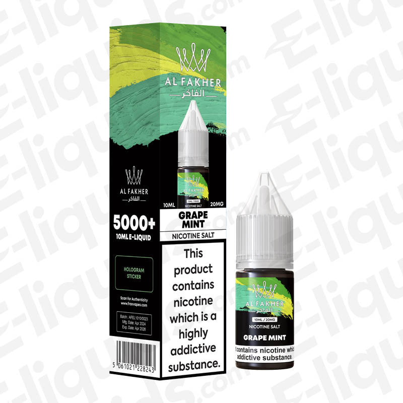 Grape Mint 5000+ Nic Salt E-liquid by Al Fakher in a 10ml bottle with hologram sticker and warning label.