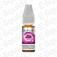 ELFLIQ Grape Nic Salt E-liquid bottle, 10ml, 50/50 ratio, featuring the vibrant purple label with grape flavor, 10mg or 20mg nicotine.