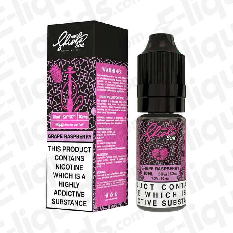 Grape Raspberry Nic Salt E-liquid by Nasty Juice in 10ml bottle, featuring green grape and tart raspberry flavors.