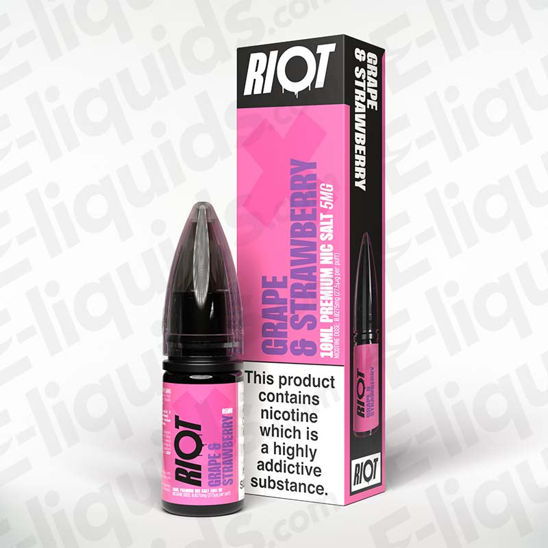 Grape Strawberry Nic Salt E-Liquid by Riot X in 10ml bottle, featuring sweet and sour grape-strawberry flavor.