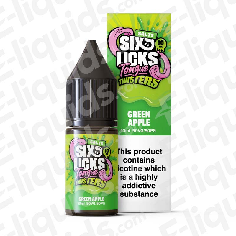 Green Apple Nic Salt E-liquid by Six Licks Tongue Twisters in 10ml bottle, featuring bright green apple flavor and nicotine options.