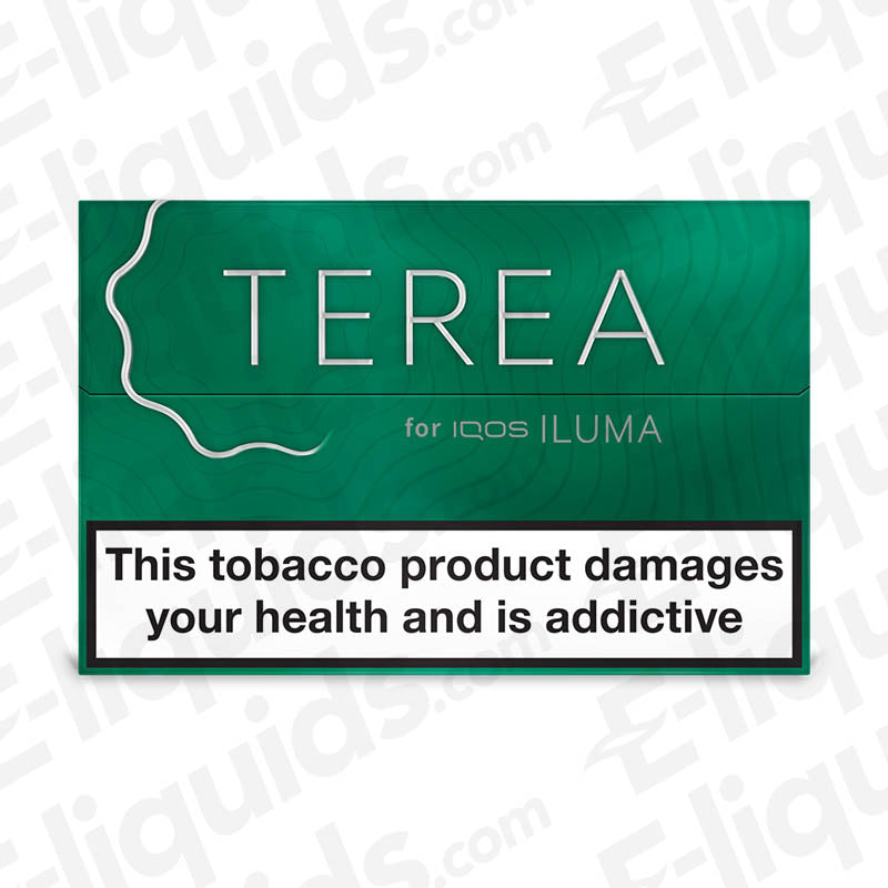 TEREA Heated Tobacco Sticks for IQOS ILUMA packaging, warning about health risks and nicotine addiction.