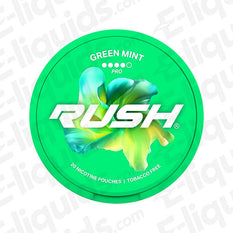 Green Mint Pro Nicotine Pouches by Rush with sweet mint flavor, 16mg strength, 20 portions per can. Perfect for refreshing nicotine fix.