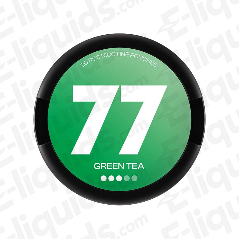 Green Tea 77 Nicotine Pouches can, featuring 20 pouches, 10.4mg per pouch, displayed on a green and black background.