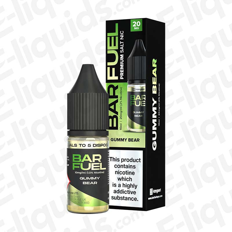 Gummy Bear Nic Salt E-liquid by Bar Fuel in a 10ml bottle with a green and black box, highlighting its 20 mg nicotine content.