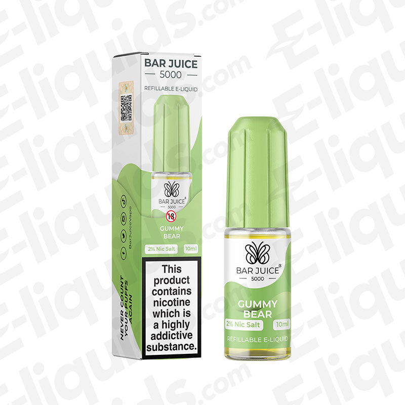 Gummy Bear Nic Salt E-liquid by Bar Juice 5000 in a 10ml bottle, featuring fruity flavors and nicotine options.