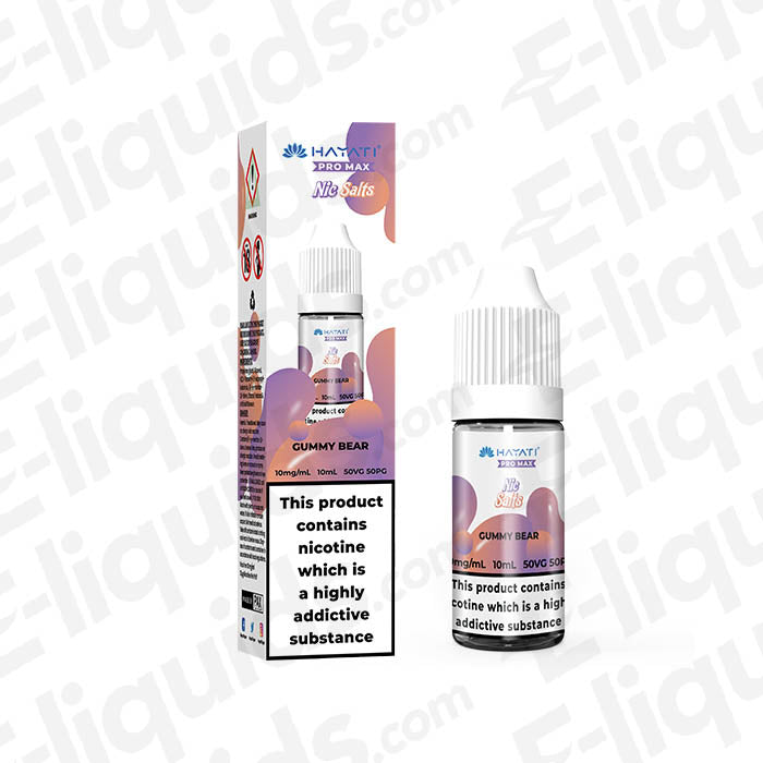 Gummy Bear Pro Max Nic Salt E-liquid by Hayati in 10mg strength, featuring sweet gummy bear flavor and nicotine warning.