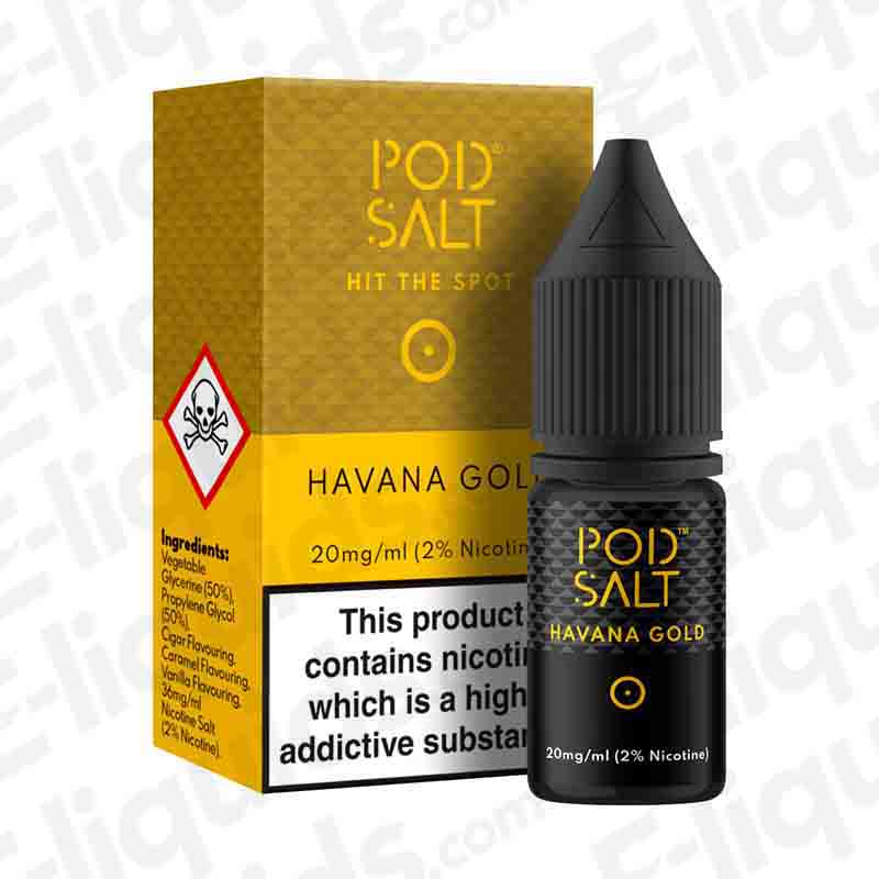 Havana Gold Nic Salt E-liquid by Pod Salt in 10ml bottle, featuring a rich tobacco flavor with 20mg nicotine strength.