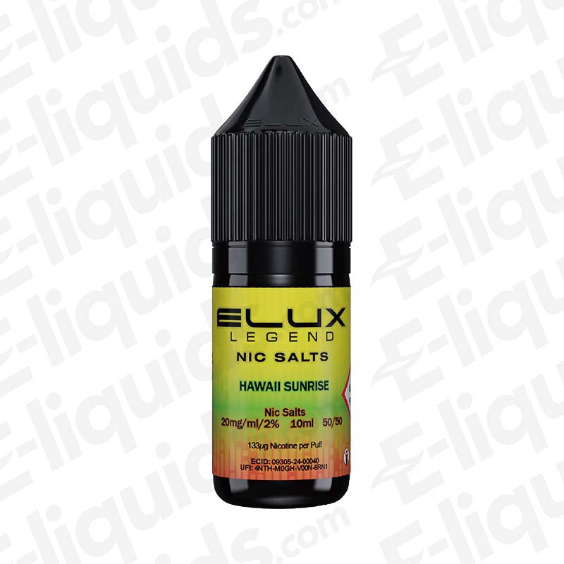 Hawaii Sunrise Nic Salt E-liquid by Elux Legend, featuring sweet peach, pineapple, and watermelon flavors.
