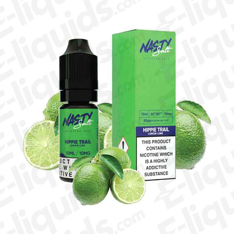 Hippie Trail Nic Salt E-liquid by Nasty Juice, featuring fresh lemons and limes, 10ml bottle, 50VG/50PG ratio.