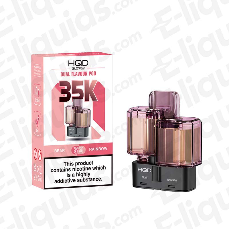HQD Glow Air 35K Bear & Rainbow: A nostalgic candy-flavoured dual pod offering up to 35,000 puffs of gummy bear and fruit medley.