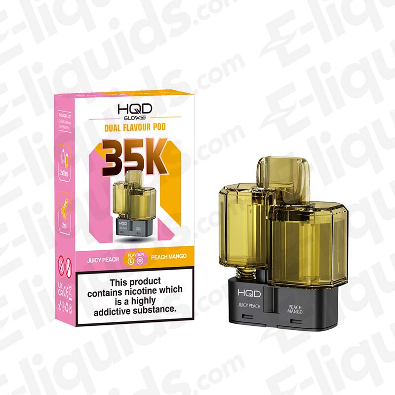 HQD Glow Air 35K Juicy Peach & Peach Mango: A soft, fruity dual-flavour pod, featuring 22ml of sweet peach and mango e-liquid.