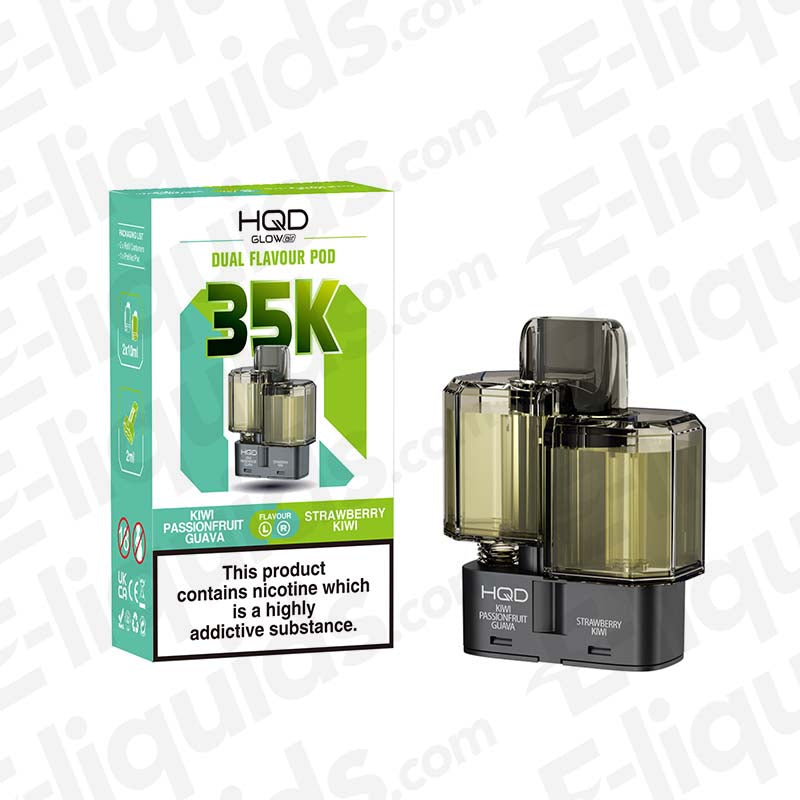 HQD Glow Air 35K Kiwi Passionfruit Guava & Strawberry Kiwi Prefilled Pod: A high-capacity dual-flavour pod blending tropical fruits with sweet strawberry and kiwi.
