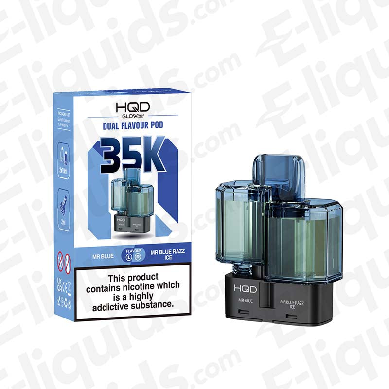 HQD Glow Air 35K Mr Blue & Mr Blue Razz Ice: A cool, complex berry-menthol pod, delivering 35,000 puffs of the famous "Blue" profile.